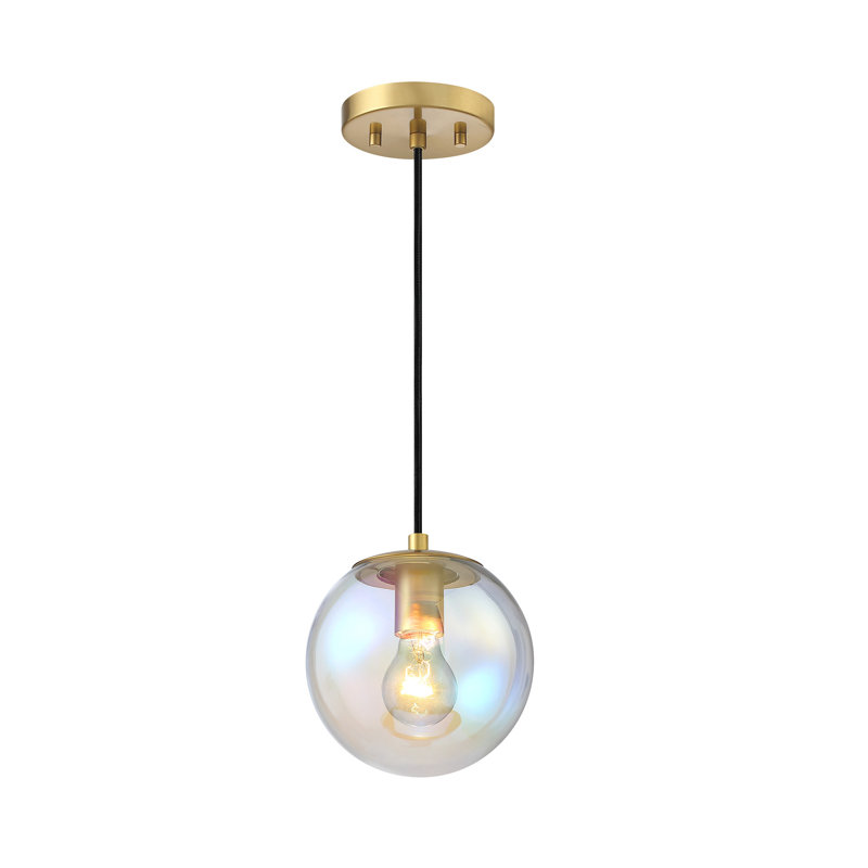 Harlequin 60 Watt 1-Light Globe Pendant Light with Clear Iridescent Glass Shade, Burshed Gold
