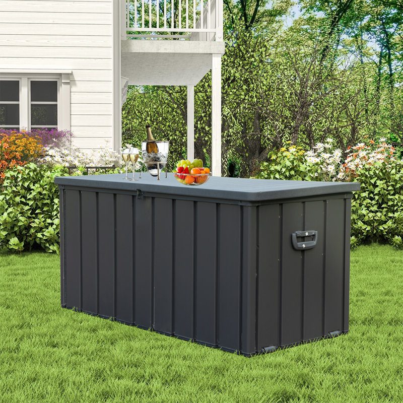 Domi Louvered Deck Box 100 Gallons Water Resistant Lockable with Wheels, 27.56"H x 49.41"W x 24.69"D