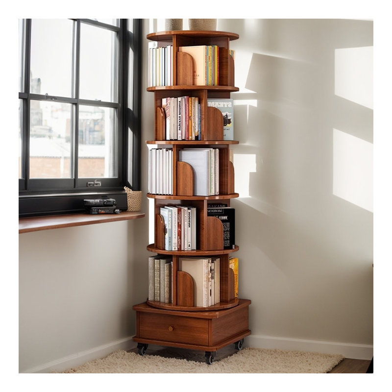 Rotating Bookshelf, 360 Display Corner Bookshelf for Small Space, 6 Tier Bookcase Storage Rack with Wheels, Wood Narrow Organizer for Bedroom, Living Room, Study Room, Walnut Brown,Shelves,Bookcase