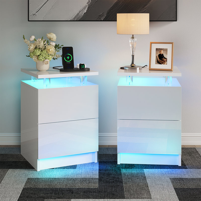 Jacob 15" W Nightstand With LED Lights, Night Stand With 2 Storage Drawers, White