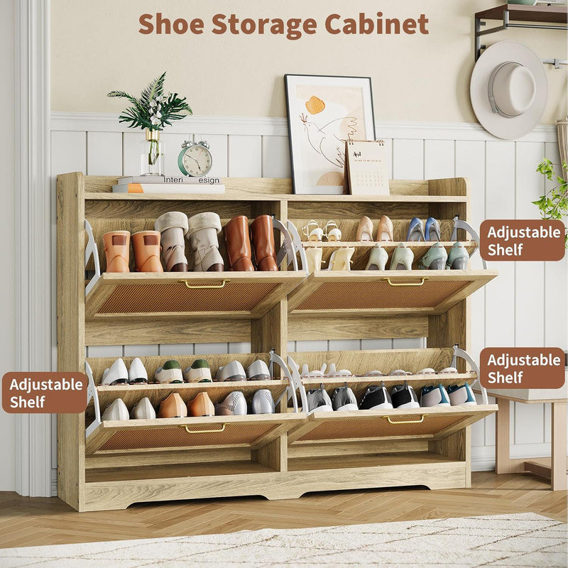 Rattan Shoe Storage Cabinet with 4 Flip Drawers, Breathable Hidden Shoe Organizer for Entryway
