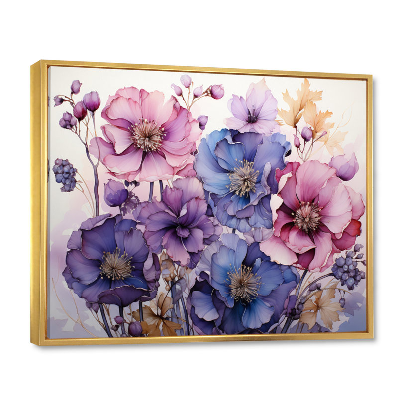 Mauve et fleurs mystiques IV - art botanique abstrait, Cadre flottant doré, H 34 po x l 44 po x P 1,5 po