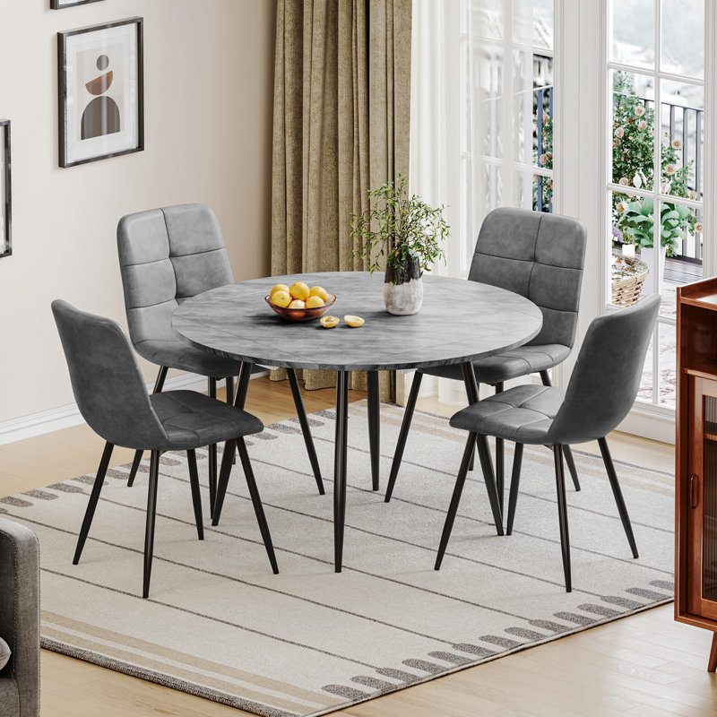Dining Table And Chairs Set Of 4, Extendable Round Marble Effect Folding Table With Upholstered Tech Fabric Chairs For Dining Room,Kitchen