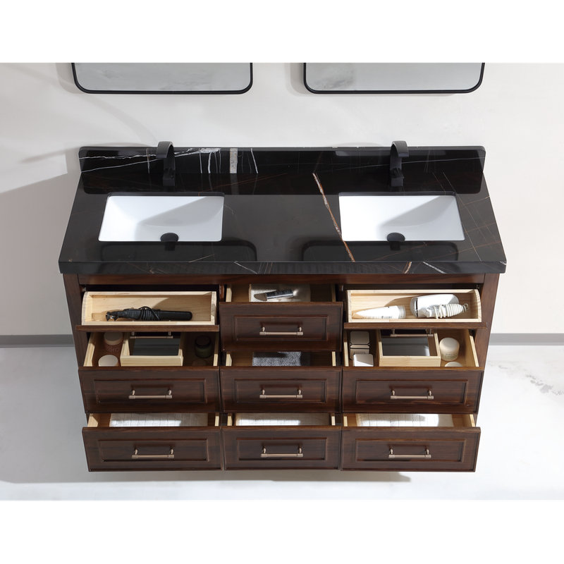 60" EBONY DOUBLE SINK VANITY DARK FINISH WITH WK-60D TOP 2" THICK WHITE NATURAL TOP, Brown, White