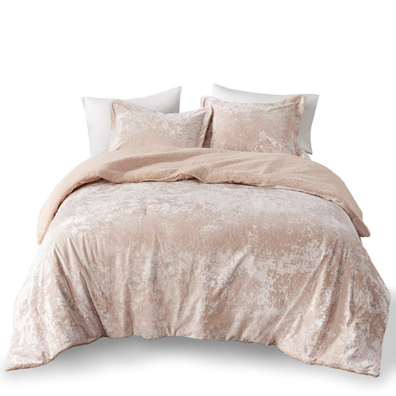 Ensemble d'édredon réversible en sherpa concassé, Édredon très grand + 2 pièces supplémentaires, Rose
