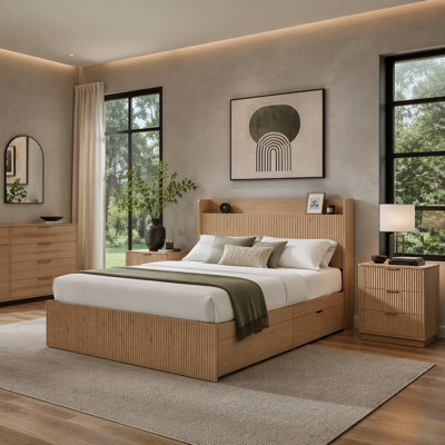 Platform Bed Frame with 4 Storage Drawers and Built-in Charging Station, Wooden Storage Box Bed