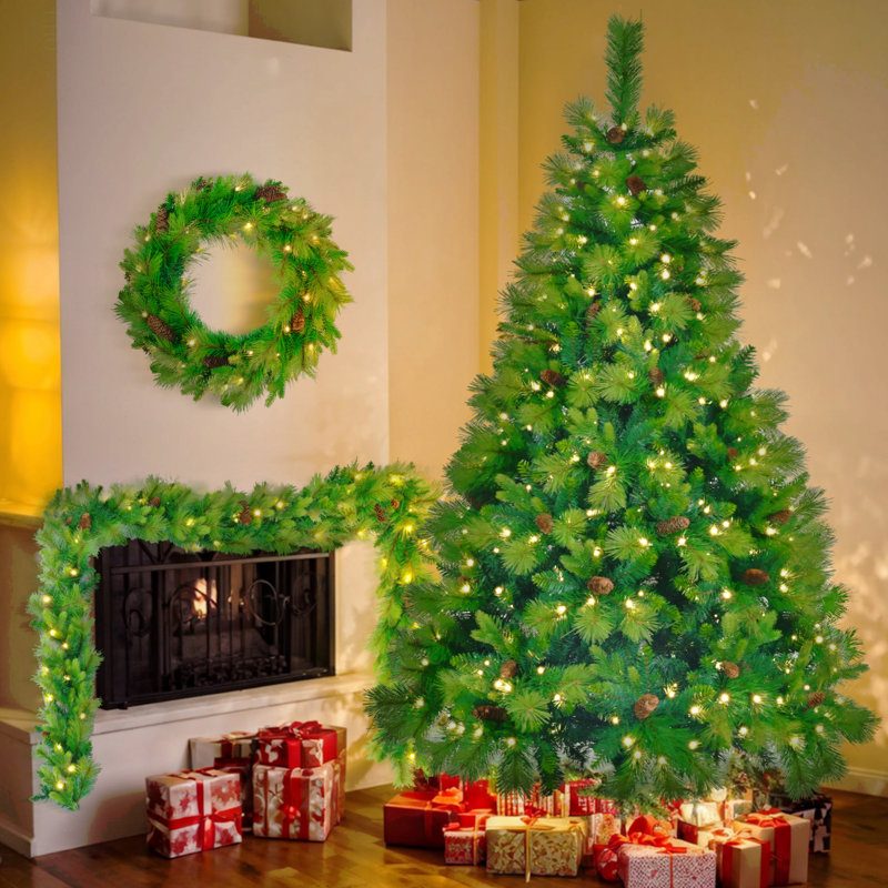 Arbre de Noël herbe 6 pi, grandes branches de pin, ensemble pré-éclairé avec arbre et guirlande et couronne, arbre de Noël artificiel avec pommes de pin, arbre de Noël à charnières, pour la fête des Fêtes