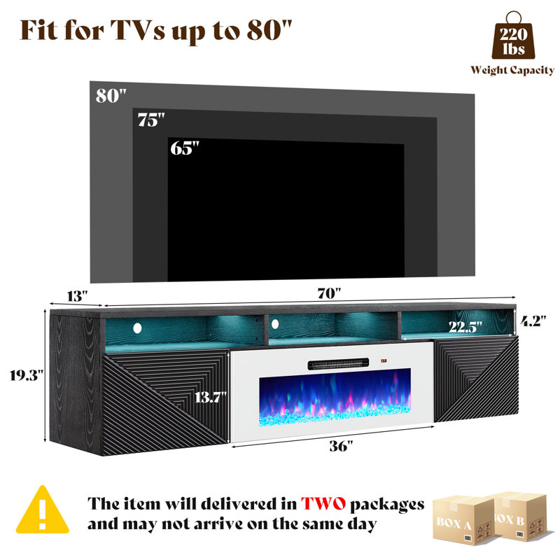  Meuble télé avec foyer 70 po Bhhatu, Noir / blanc, 70"