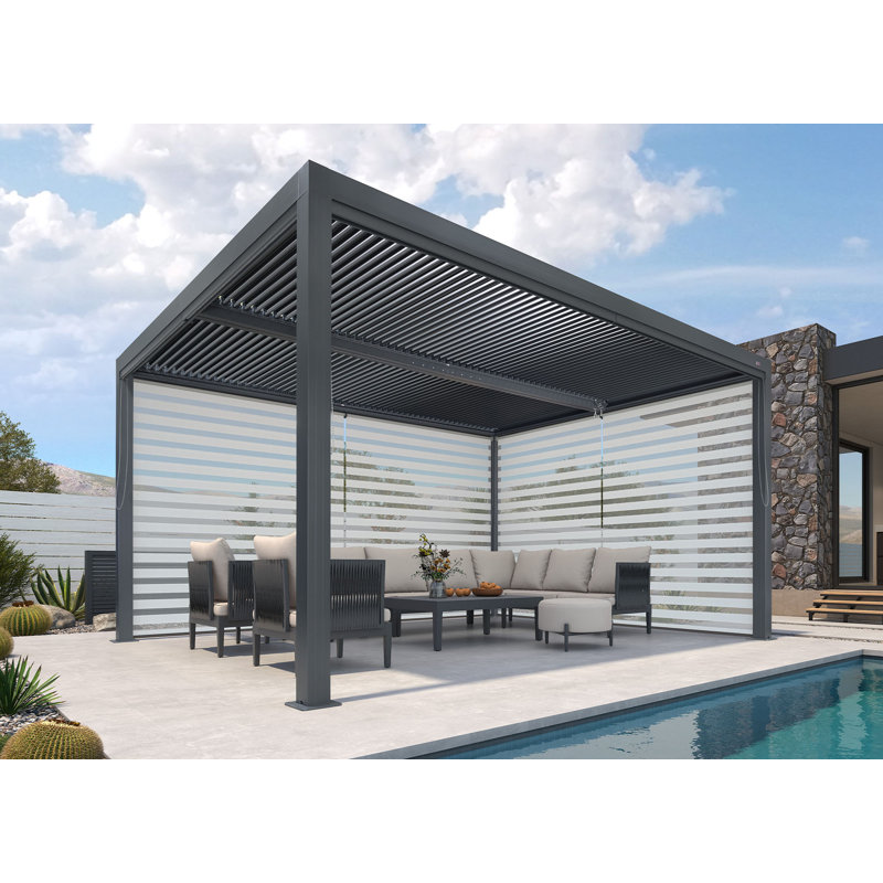 Aluminum Pergola with Roller Shade, 1 Long Side and 1 Short Side, Gray, 14' x 11'