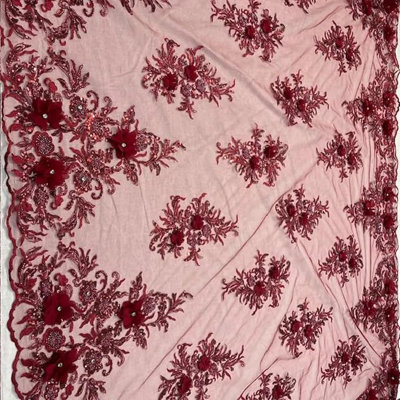 Dentelle perlée 3D bourgogne de qualité supérieure, vendue au mètre, 137 cm de large, maille ornée de perles et de paillettes pour robes de mariée et robes de soirée - Valentina Textile Inc.