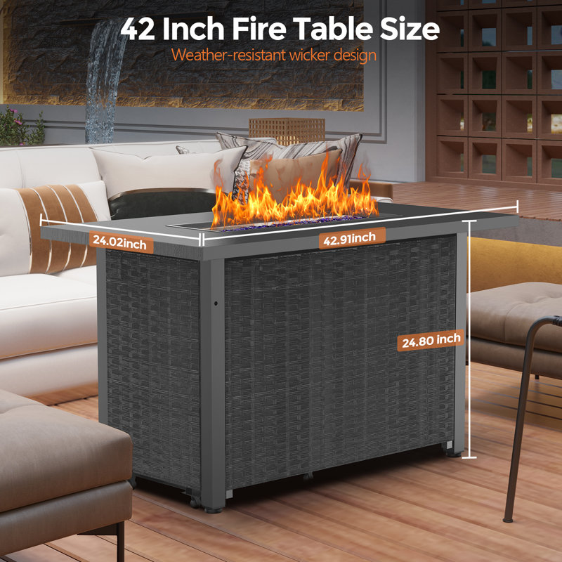 Table de foyer d'extérieur au propane de 43 po 43 po, foyer carré au gaz en rotin 50 000 BTU avec couvercle et pierres de cristal bleues, plateau de table en acier, flamme réglable, table FirePit 4-en-1 pour patio, cour arrière, rassemblements extérieurs