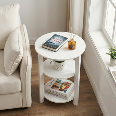 Table d'appoint ronde à 3 niveaux Farmhouse, table de bout de 17,7 po x 21,7 po avec tablette de rangement ouverte, table de chevet circulaire pour le salon, la chambre à coucher, table en bois pour les espaces étroits et petits