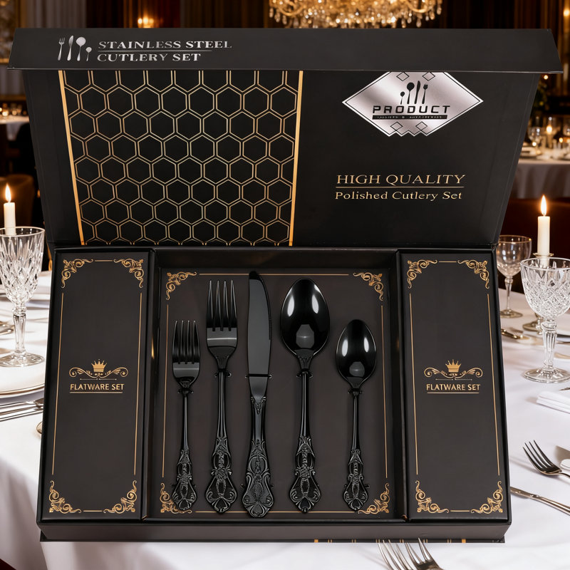 Ensemble de couverts 60 pièces en argent noir avec boîte-cadeau, ensemble de couverts rétro en acier inoxydable royal pour 12 personnes, ensemble de couverts noir élégant avec design complexe, vaisselle de cuisine allant au lave-vaisselle