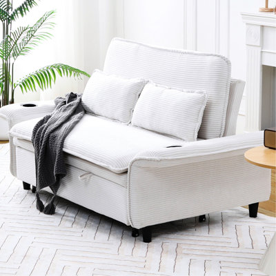 67.16-Inch Letter Striped Corduroy Bed, Adjustable For Watching Tv, Reading, 2 Seats Beige Multi-Functional Bed With Pull-Out Design, Comfortable Sponge Filling, Suitable Various Living Spaces