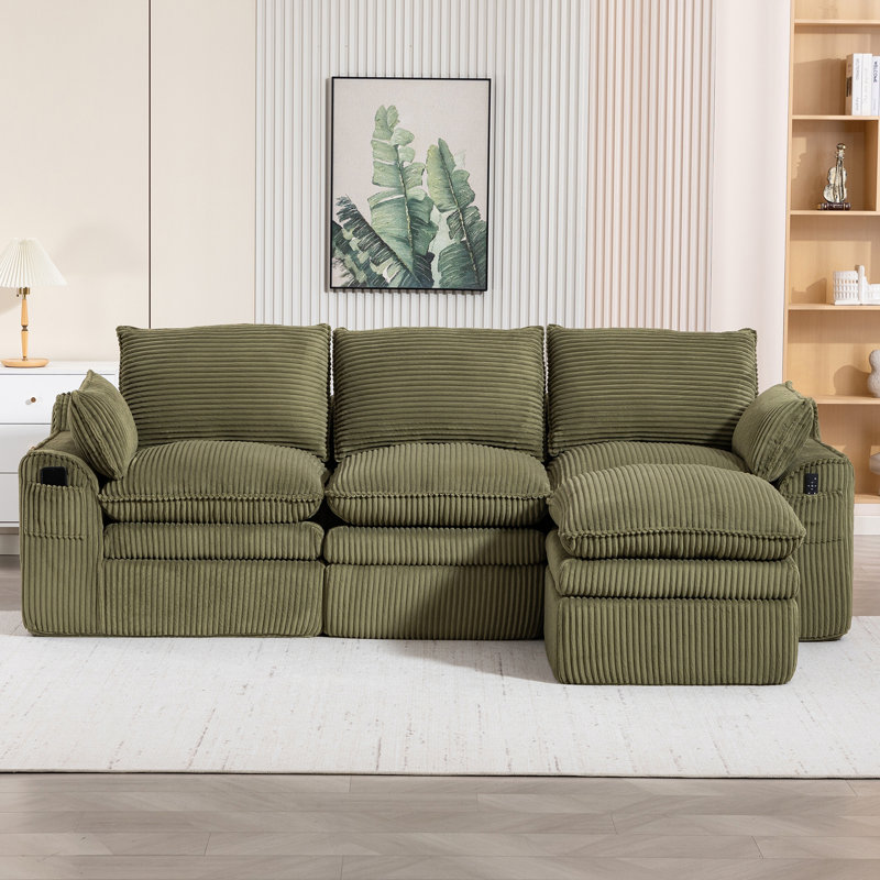 Canapé d'angle en L rembourré et sans structure, avec repose-pieds et coussins, Emerald Corduroy