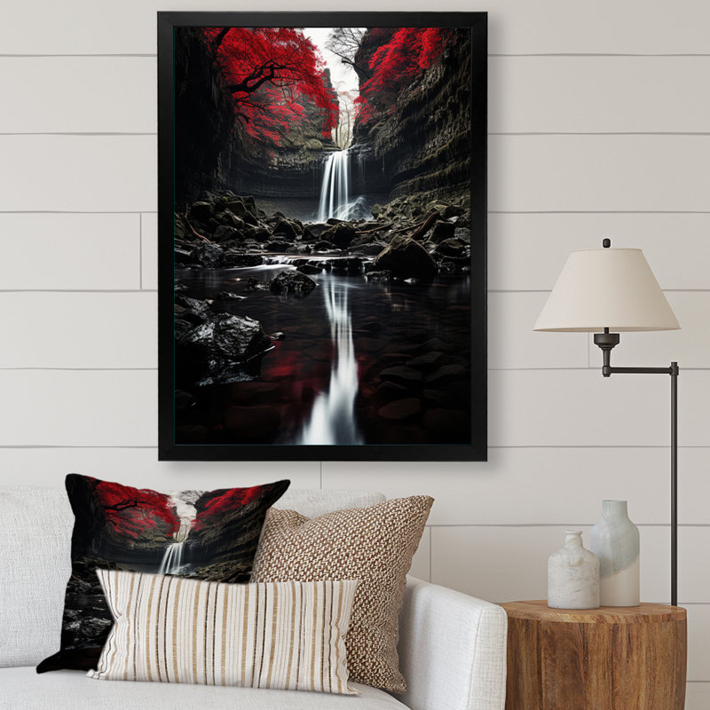 «Grey and Red Waterfall Of Eternity II», art mural sur toile, H 44 po x l 34 po x P 1,5 po, Cadre simple noir
