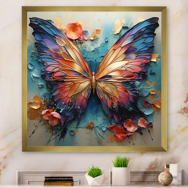 Orange et bleu, papillon métallique - art mural papillon, H 36 po x l 36 po, Cadre photo unique, Doré