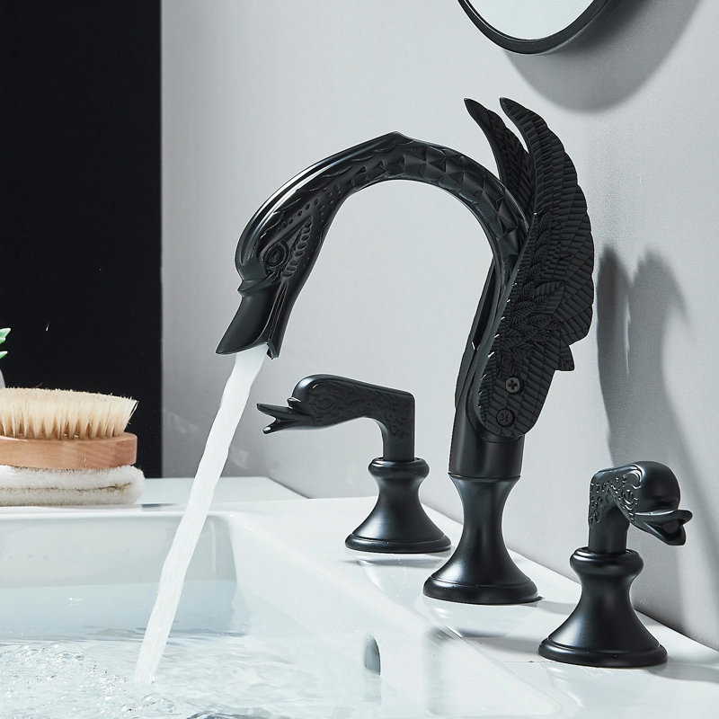 Mattle Black Bathroom Faucet-Luxury Swan Shape Sink Faucet 2 handle for Modern Bathroom Design-Deck Mounted Dual Handle Basin Tap- Unique Brass Bird Faucet
