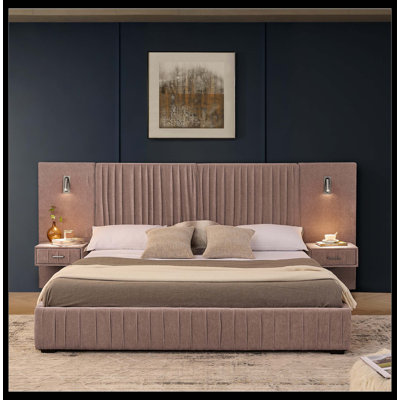 Très grand cadre de lit tapissier très grand avec tissu en chenille avec motif plissé, lit plateforme très grand avec tête de lit, cadre solide et table de chevet. Pas de sommier tapissier nécessaire - rose