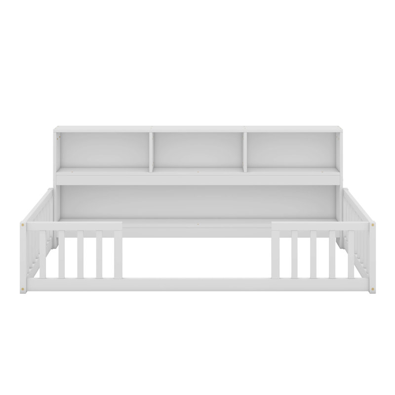 Lit sur pied avec bibliothèque latérale Dorulet, tablettes, garde-corps, Lit simple, Blanc
