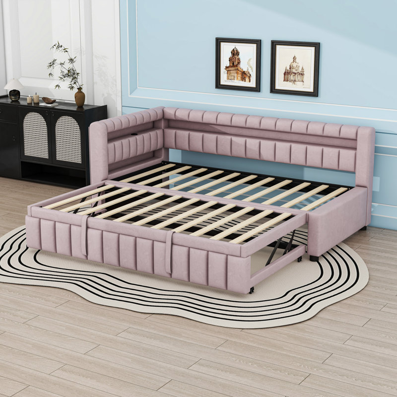 Lit de jour simple TG de très grand lit avec éclairage à DEL d'ambiance, ports USB intégrés et lit gigogne escamotable, Rose
