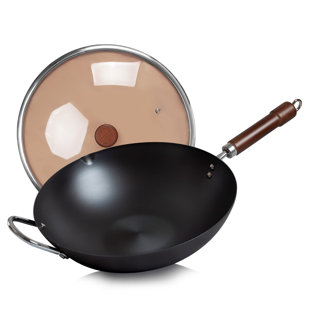 Wok 14,2 po en acier au carbone avec couvercle en verre - Chaleur rapide