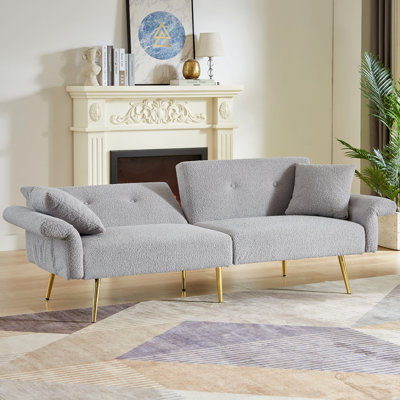 Modern Teddy Upholstered Accent Loveseat Sofa With Side Pocket,Folding Sleeper Sofa Bed With Foldable Armrest , Adjustable Backrest And Golden Metal Legs For Living Room