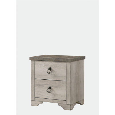 1pc Table de chevet 2 tiroirs de style chalet vieilli avec finition en bois de grève contrastant avec plateau brun vieilli et quincaillerie traditionnelle en bois