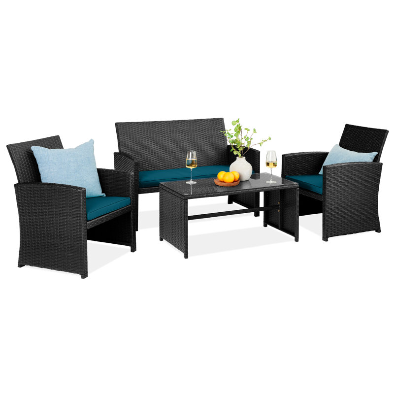 4-Piece Outdoor Wicker Patio Conversation Furniture Set W/ Table, Cushions - Black, Burgundy