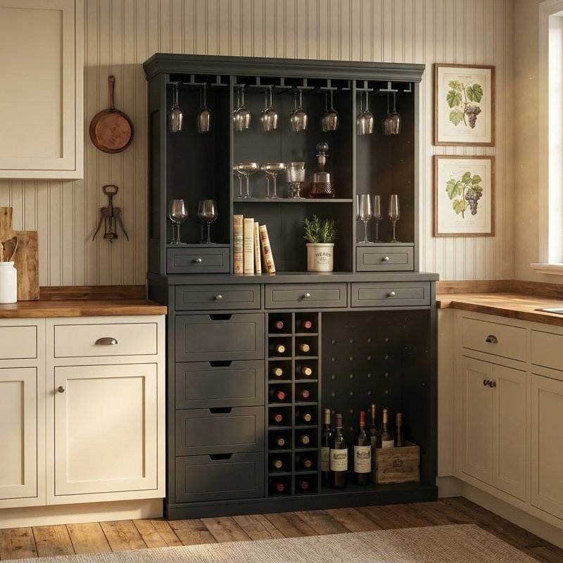Grande armoire-bar avec 9 tiroirs et support en verre