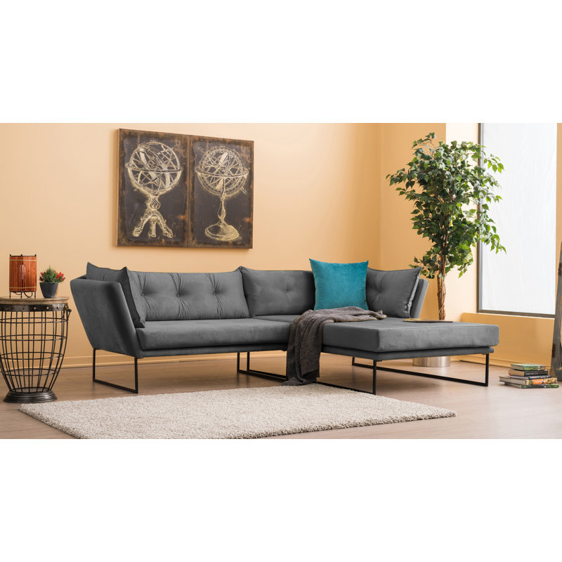 Upholstered L-Shaped Sectional, Grey, Right Hand Facing