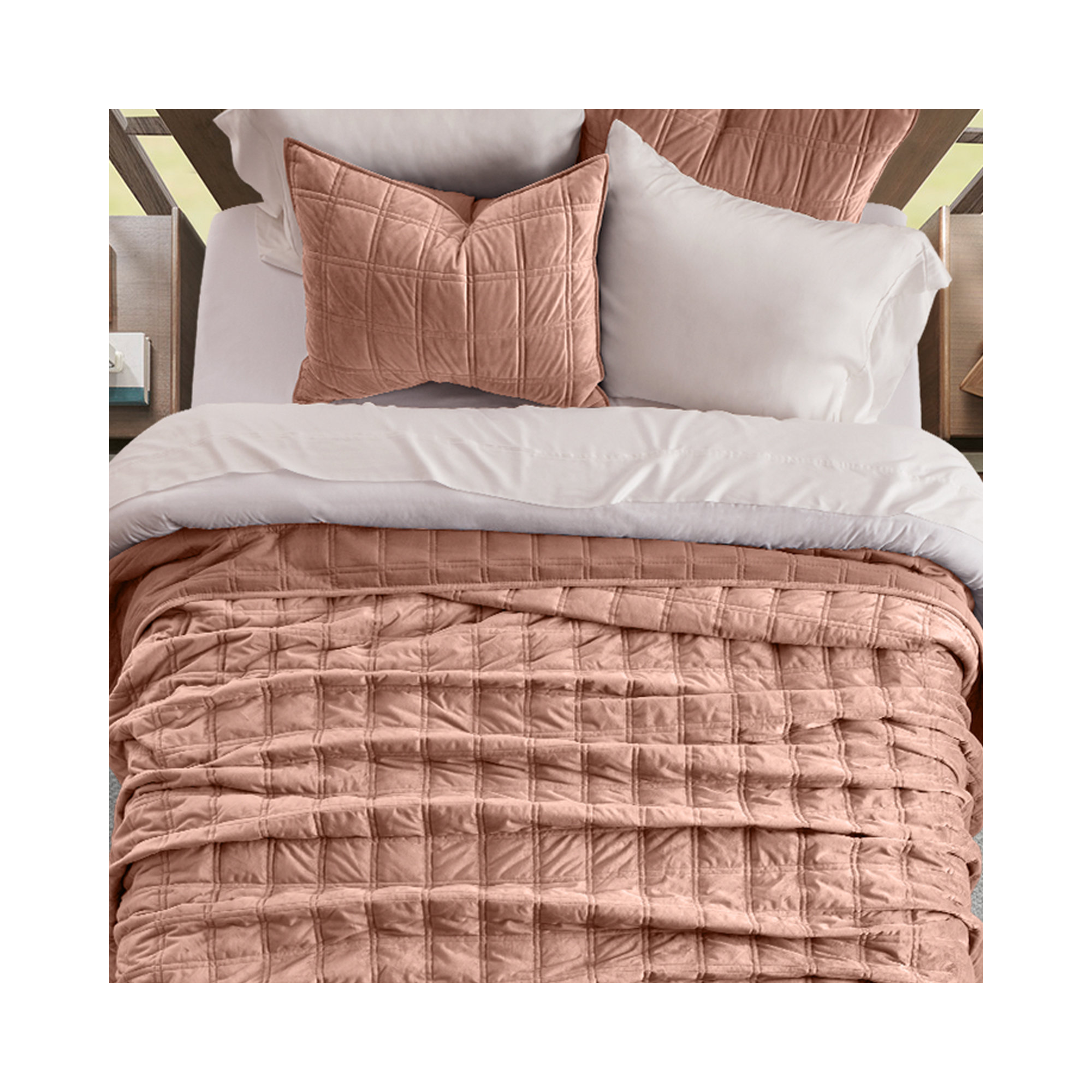 Double Box Stitch Velvet Quilt set, King Quilt + 2 King Shams, Clay