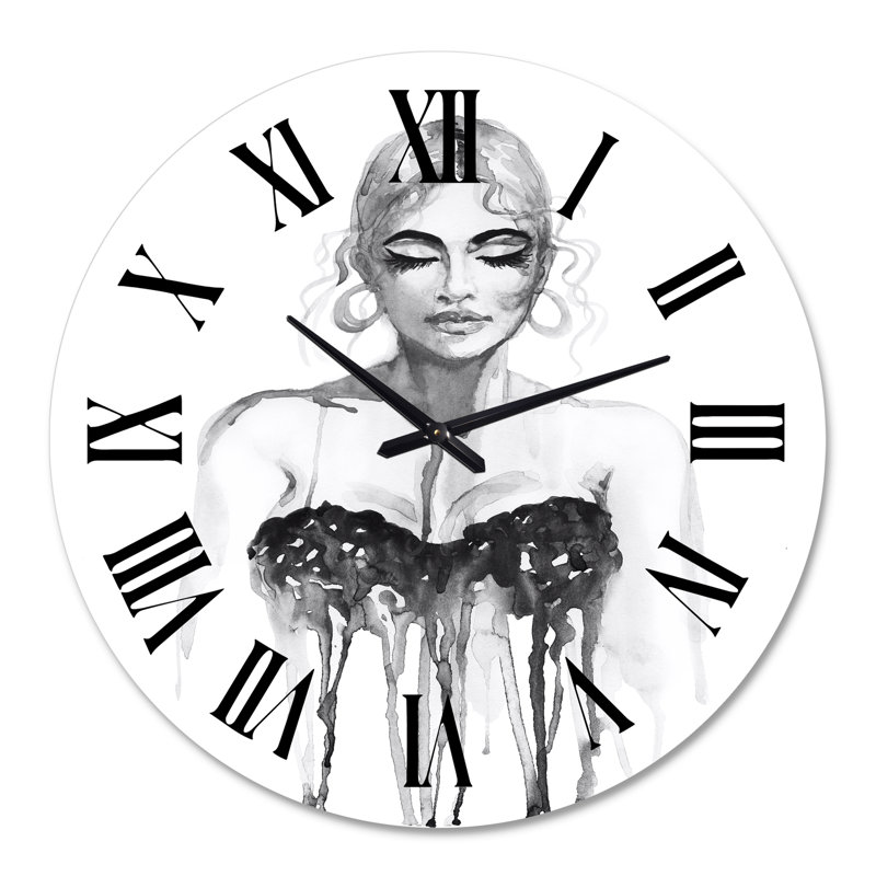 Portrait monochrome d'une femme portant une robe de soirée - horloge murale moderne, Surdimensionné