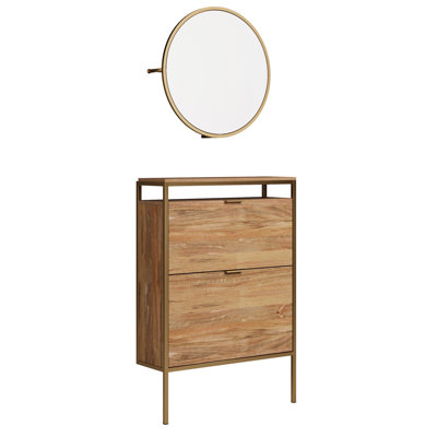 Armoire à chaussures murale brune avec miroir, solution d'économie d'espace pour les entrées, cadre thermolaqué, portes basculantes, tablette et crochets derrière la couleur du miroir, petits espaces d'entrée, dissimulé
