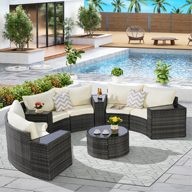 Ensemble de canapé d'extérieur modulaire demi-lune 11 pièces avec table basse ronde en verre trempé, Beige