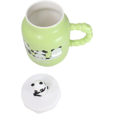 Acrobatic Green Panda Bears Green Mug With Anime Panda Figurine Handle Lid