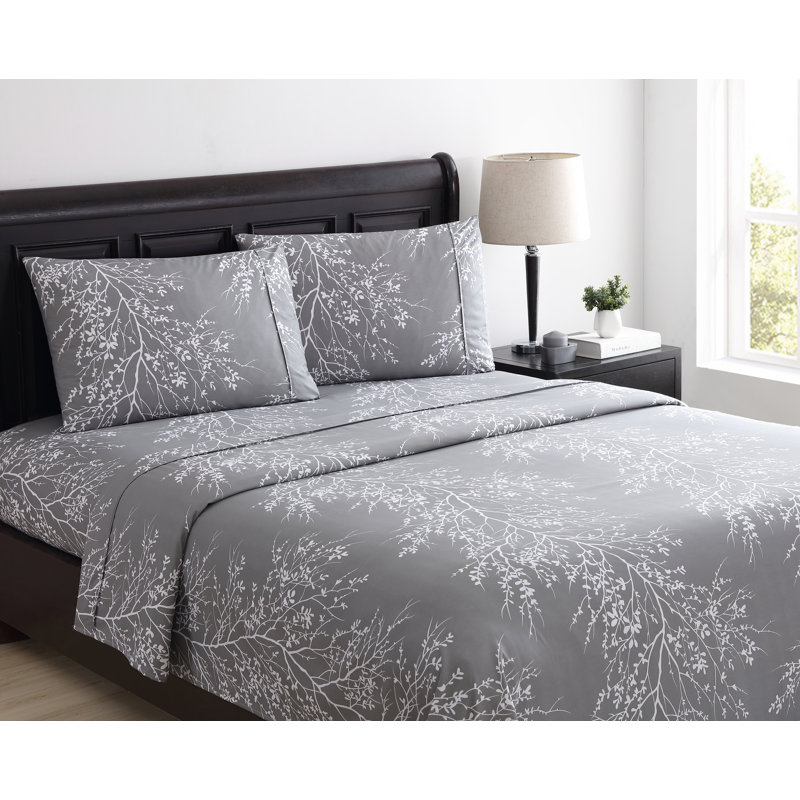 Microfiber Floral Sheet Set, King Sheet Set + 1 Fitted Sheet + 2 Pillowcases, White/Taupe