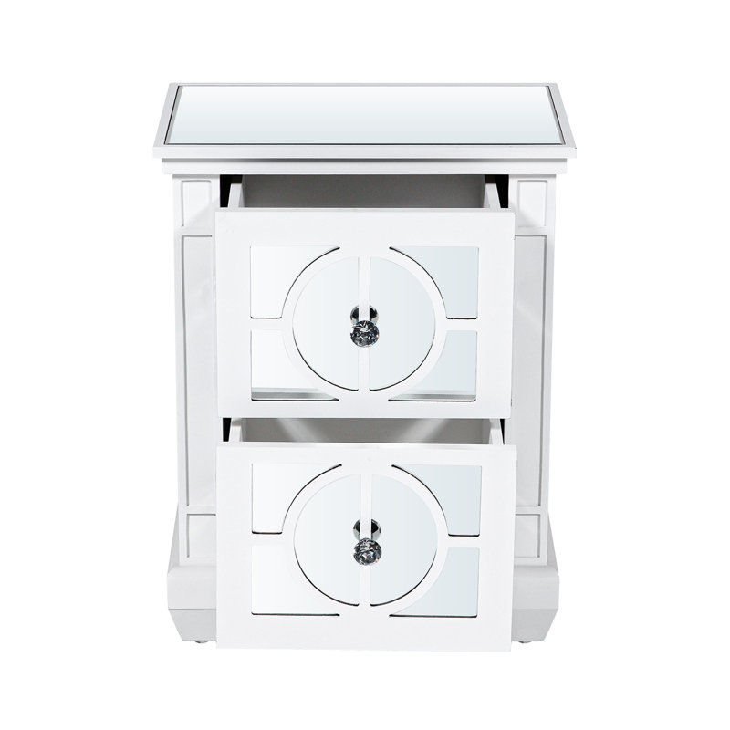 Dunston 2 Drawer Bedside Table, 62cm Storage Cabinet Nightstand with Mirrored Tabletop