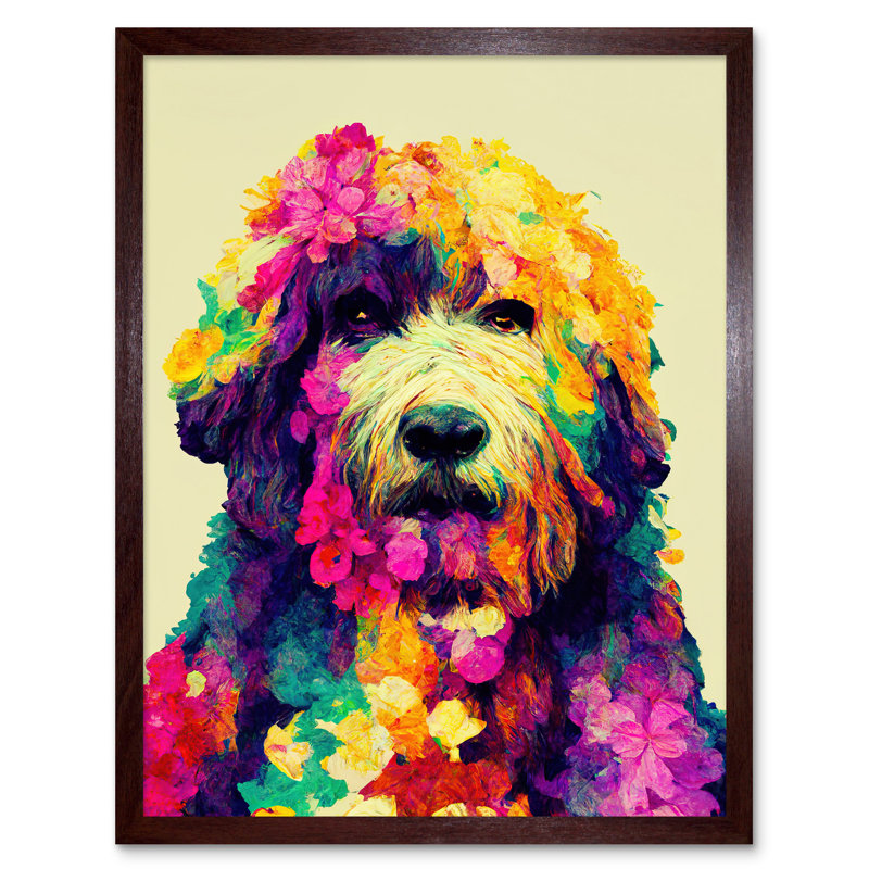 Colourful Floral Labradoodle Dog Abstract - Print, 43cm H x 33cm W x 2cm D, Brown Framed Unframed