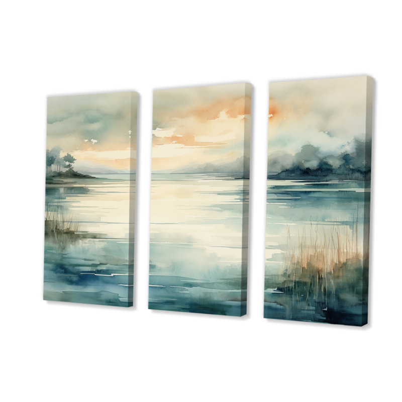 «Misty Lake Tranquility Retro Watercolor», reproduction sur toile tendue 3 pièces, H 28 po x l 36 po x P 1 po
