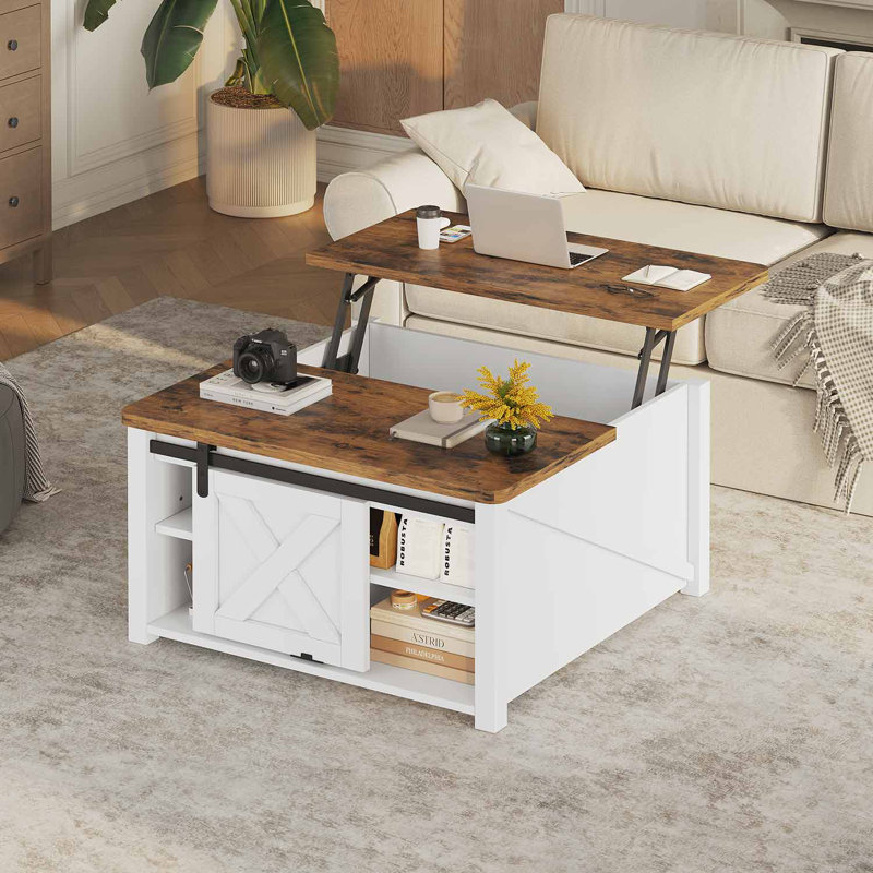 Veronike Coffee Table Lift Top Coffee Table, 19.7" H x 33.5" L x 33.5" W, White/Rustic Brown