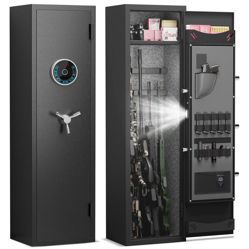 Coffre-fort pour armes à feu biométrique à grande capacité - empreinte digitale + verrou numérique, armoire en acier robuste avec supports à fusil réglables, porte-pistolet et éclairage intérieur pour le rangement des armes à feu / munitions