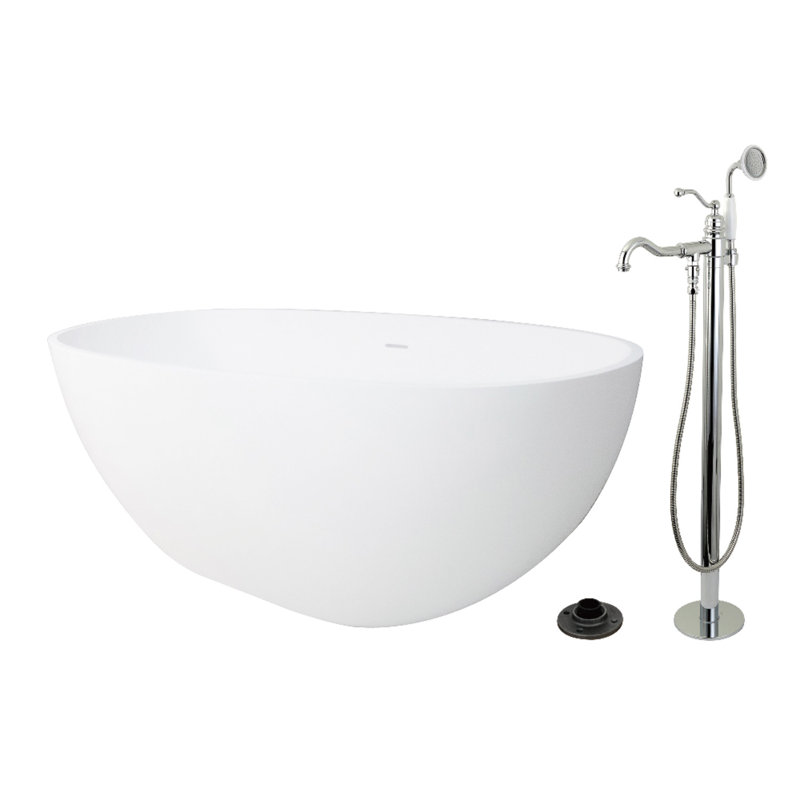 Kingston Brass Arcticstone 65-Inch Solid Surface Oval Double Ended Freestanding Tub With Faucet Combo And Drain