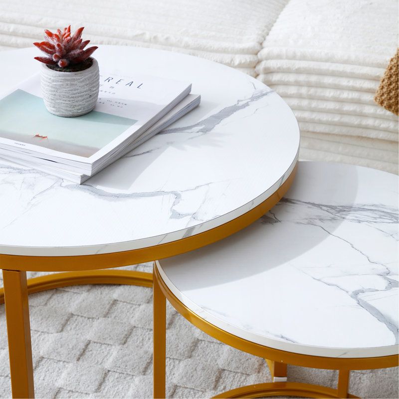 Set 2 Coffee Table Nesting White And Gray Top Frame Circular Round And Marble Pattern Wooden Tables