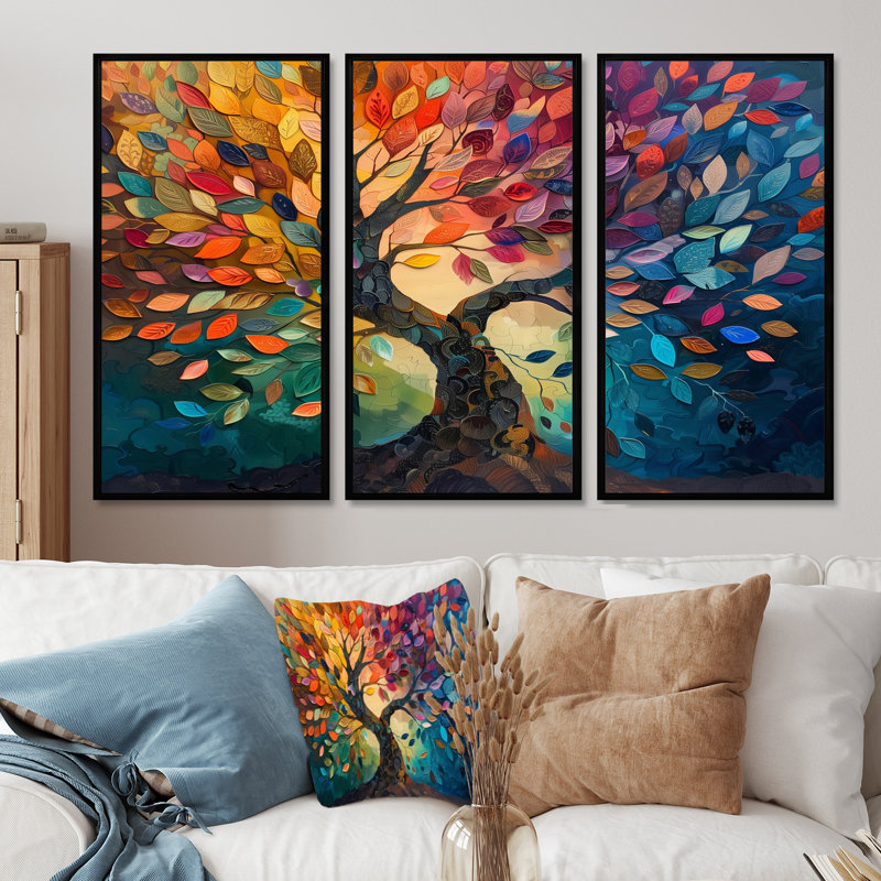 Yacine - Arbre de vie, ensemble de décorations murales en toile, H 40 po x l 60 po x P 1 po , Toile avec cadre flottant noir