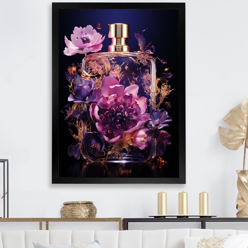 Purple Poised Petals Perfumes - Perfumes Wall Art, Black Single Picture Framed, 32" H x 16" W x 1" D