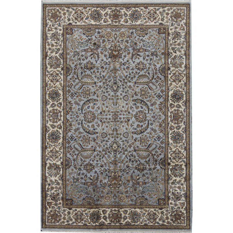 Tapis bleu clair et ivoire noué à la main de haute qualité