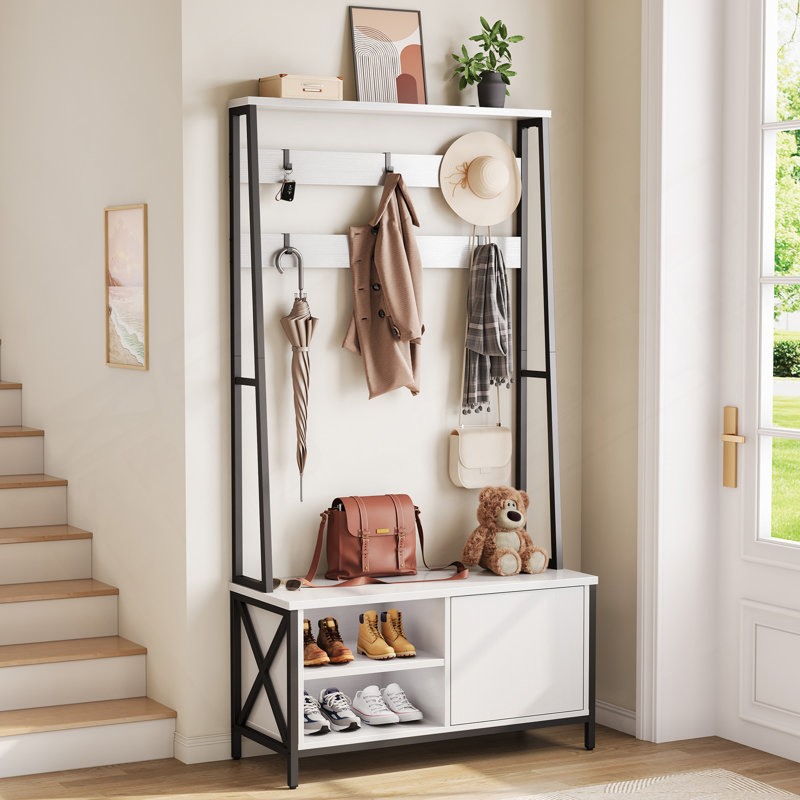 Hall Tree With Bench And Shoe Storage, Coat Rack With Shoe Storage, Wood Look, Coat Rack With Bench, Industrial Style, Large 6 Hooks, 31.5" X 15.8" X 71" White Color