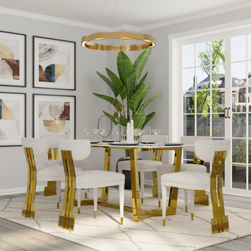 70 Inch Sintered Stone Dining Table With Brushed Metal Base, Gold