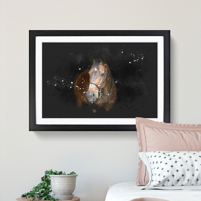 Brown Horse in the Shadows - Picture Frame Painting Print, 62cm H x 87cm W x 2cm D, Black Framed